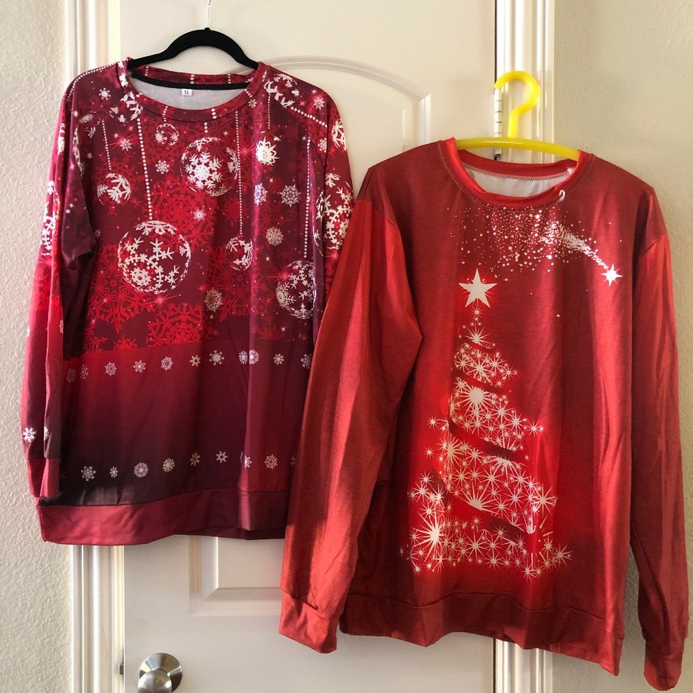 Two Red and White Christmas Shirts